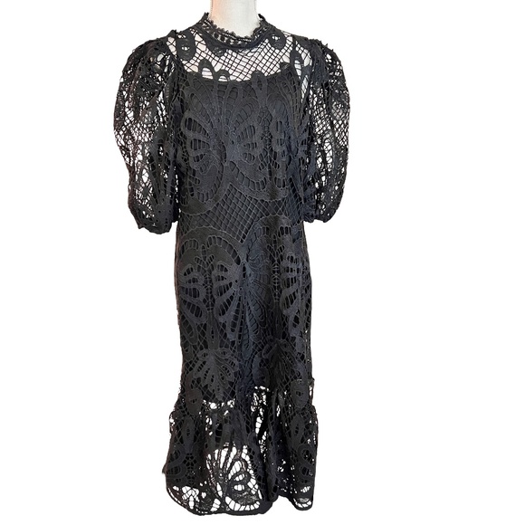 # A095   N BY NANCY  Romantic  Black Puff Sleeve Crochet Lace Dress  NWT  L - Picture 2 of 8